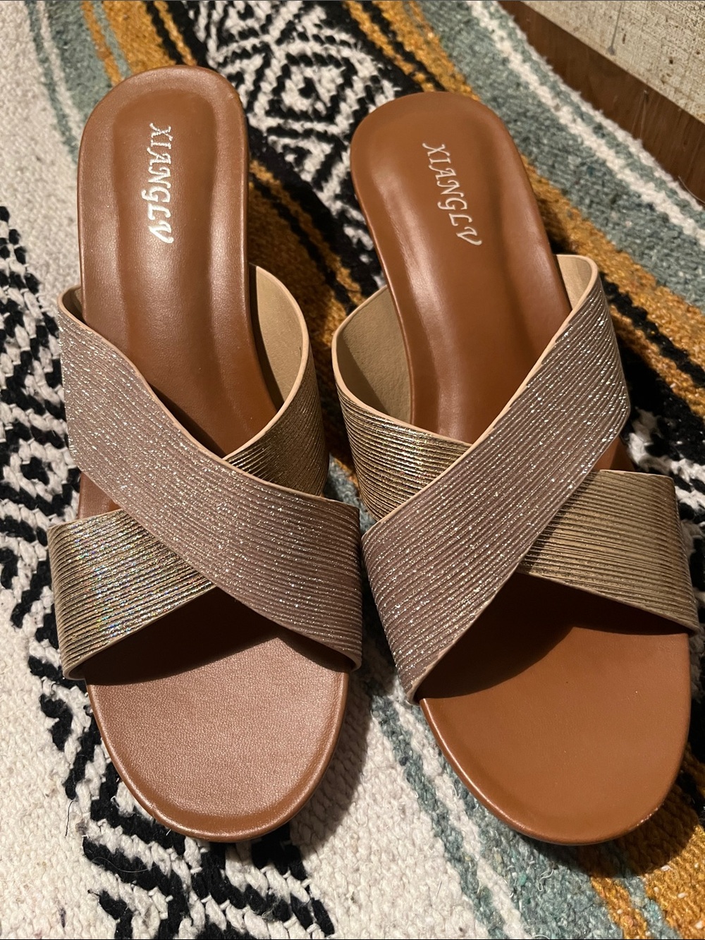 ANGL Metallic Taupe Crossband Slide Sandals